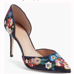 Tory Burch Rosemont Embroidered d'Orsay Pump Heels in Navy Blue, size 6.5